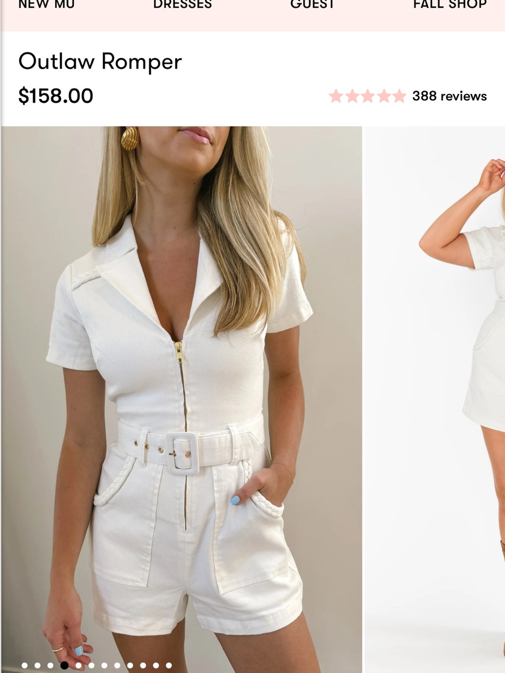 Mumu White Short-Sleeve Zip Romper with Belt